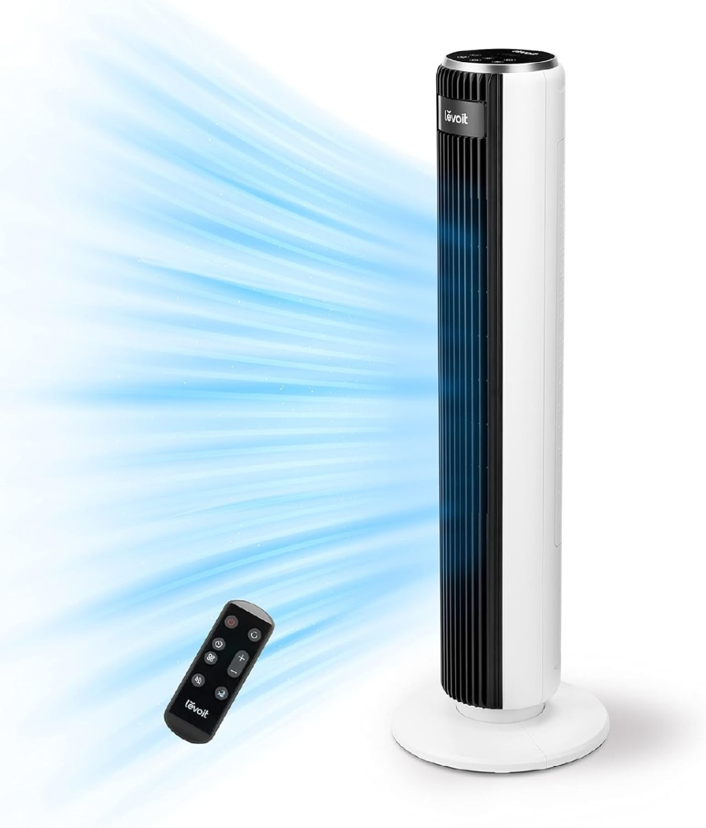 LEVOIT Vantilatör, 28dB Sessiz Kule Tipi, Güçlü 7ms, 7m Atım Mesafesi, 5 Hız Seviyesi, 4 Mod, 12 Saat Zamanlayıcı, 90 Derece Salınımlı Fan, 92 cm, Yatak Odası için Soğutma, Uzaktan Kumandalı