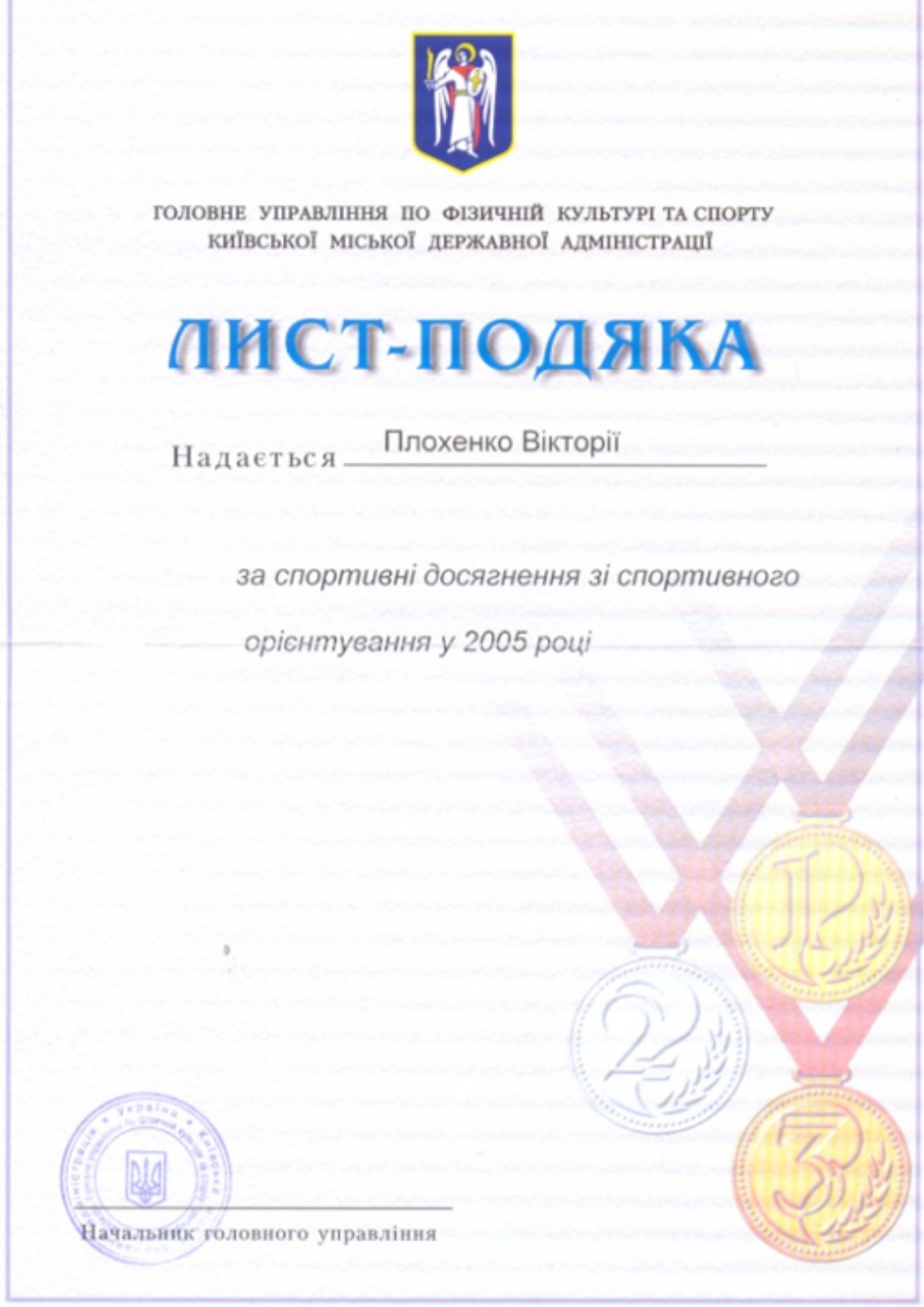 Лист-подяка  Головне управління по фізичній культурі та спорту КМДА