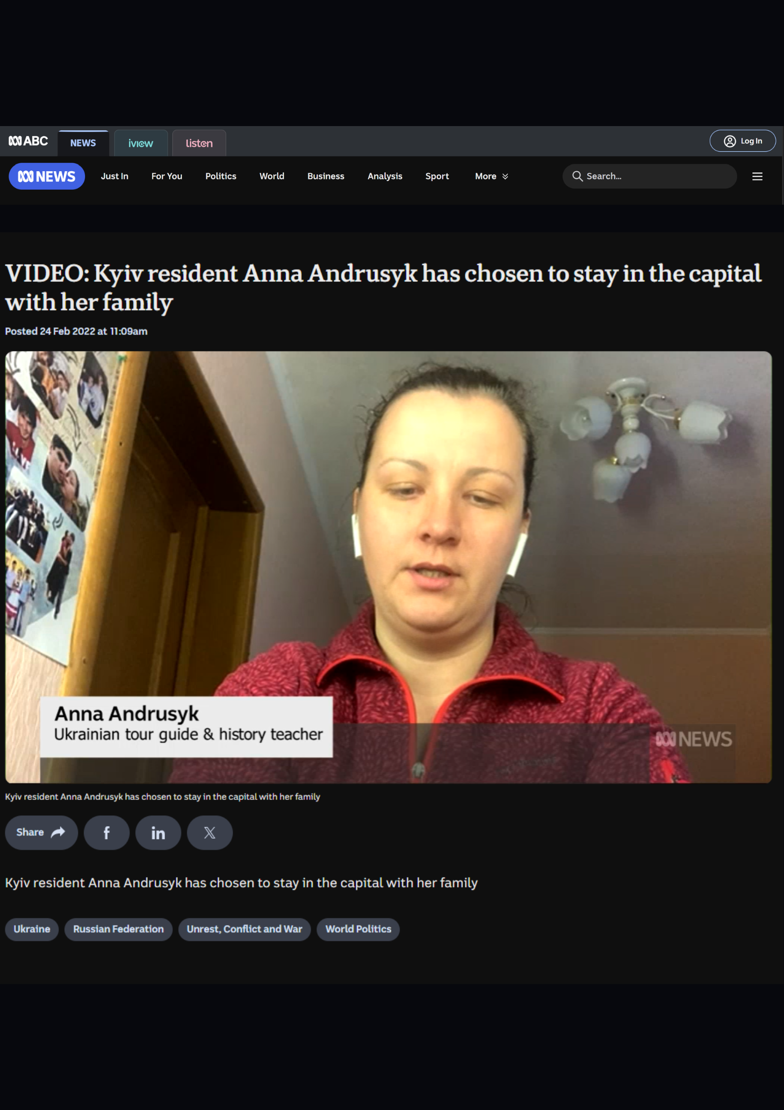 Авторський матеріал - "Kyiv resident Anna Andrusyk has chosen to stay in the capital with her family" – Ганна Андрусик для австралійської служби новин ABC про перший день повномасштабного вторгнення