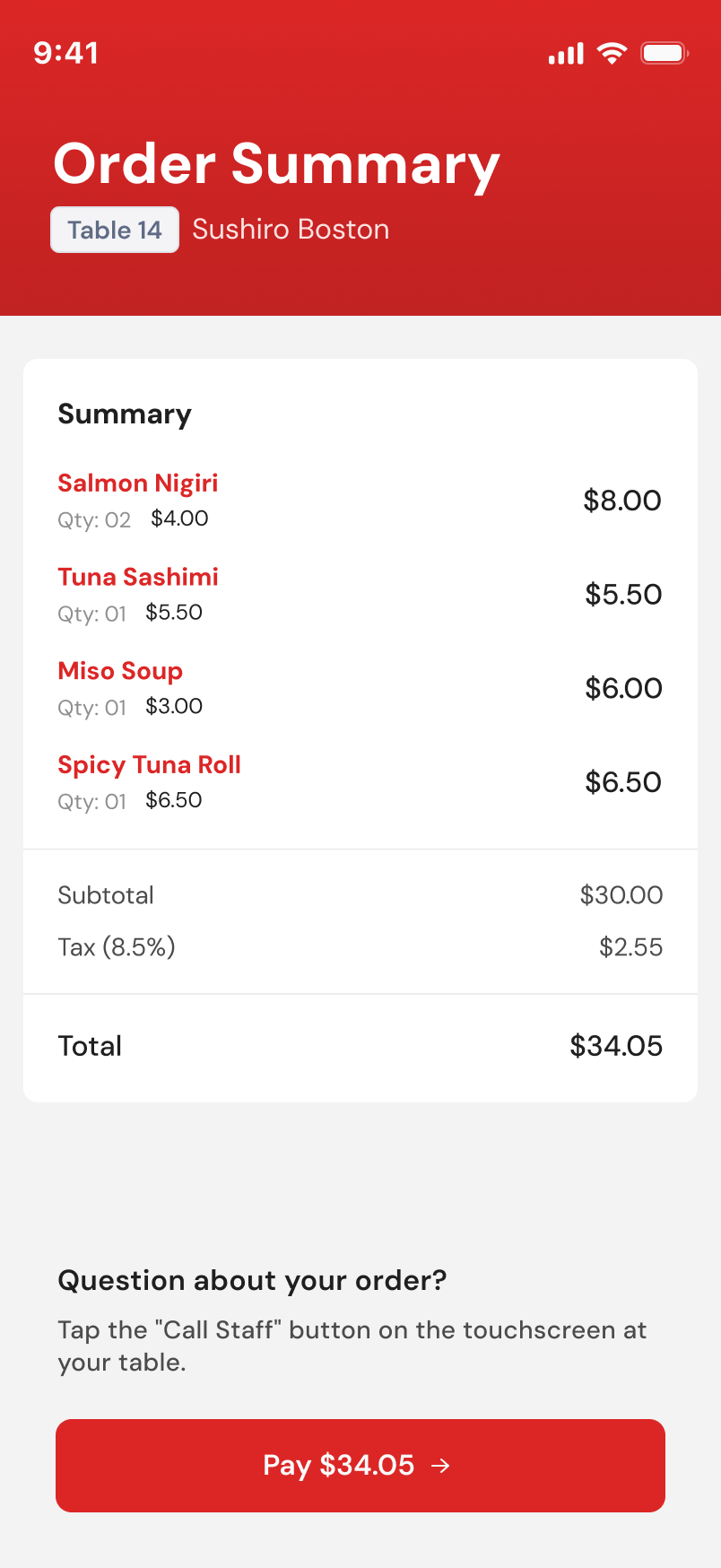 Order summary screen