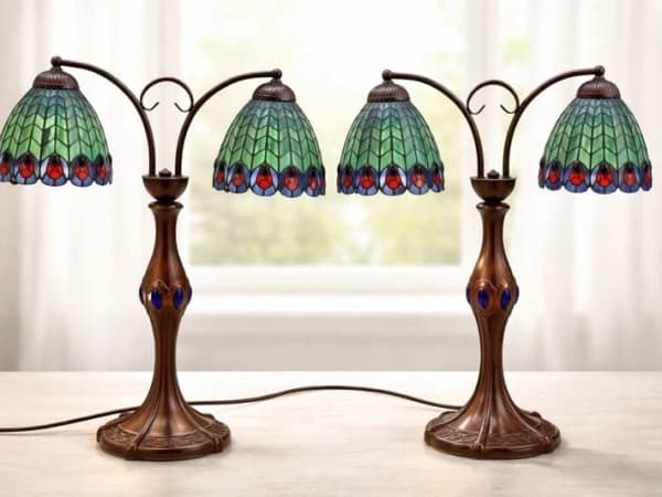 Meyda Tiffany Peacock Feather Stained Glass Dual Bulb Table Lamps – Pair, Pre-Owned