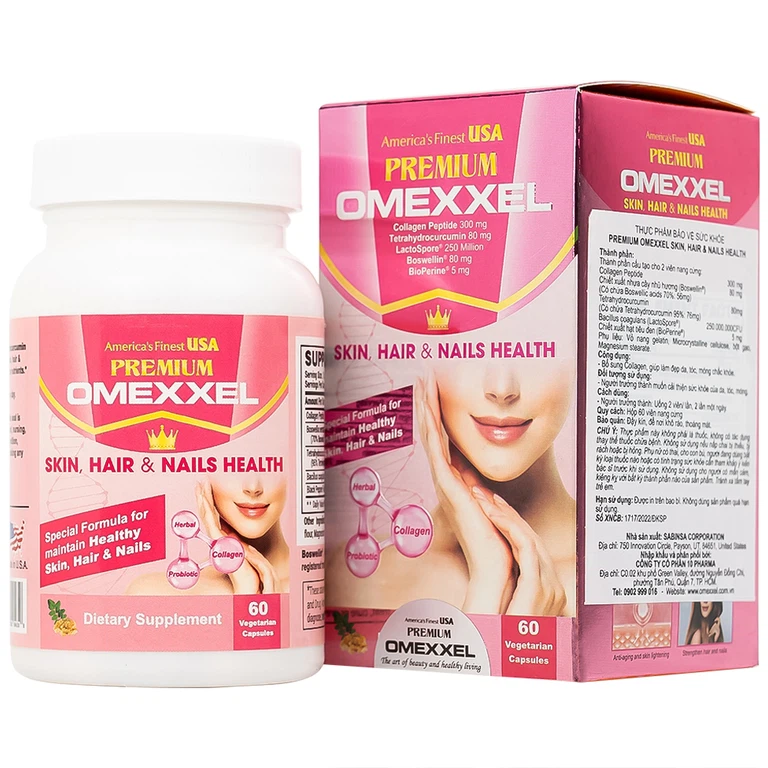 Thực phẩm bảo vệ sức khỏe Premium Omexxel Skin, Hair & Nails Health bổ sung collagen, giúp làm đẹp da, tóc, móng (60 viên)