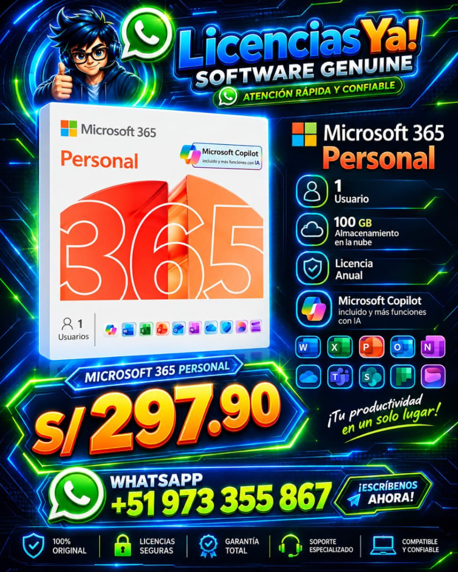 Microsoft 365 Personal (12 meses) 1 usuario. PC/Mac/iPhone/Tablet. Copilot IA