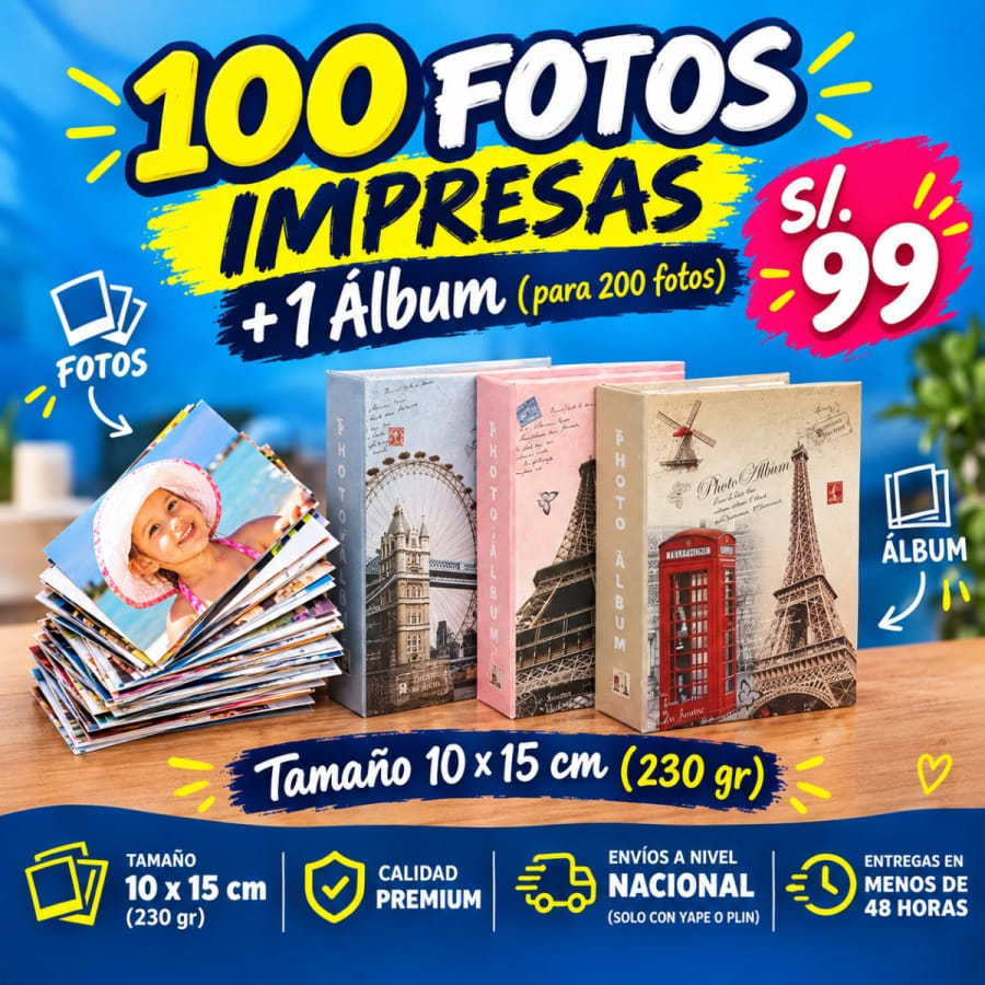 100 FOTOS JUMBO 10X15 + 1 ÁLBUM DE CAPACIDAD 200 FOTOS
