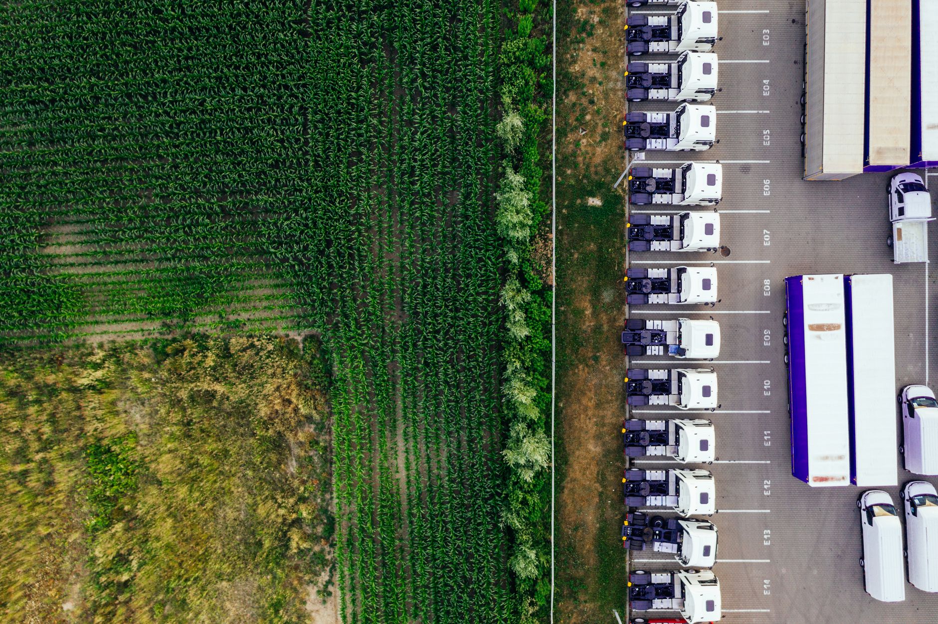 Drone shot of parked trucks next to a lush green cropland in Poznań, Poland.