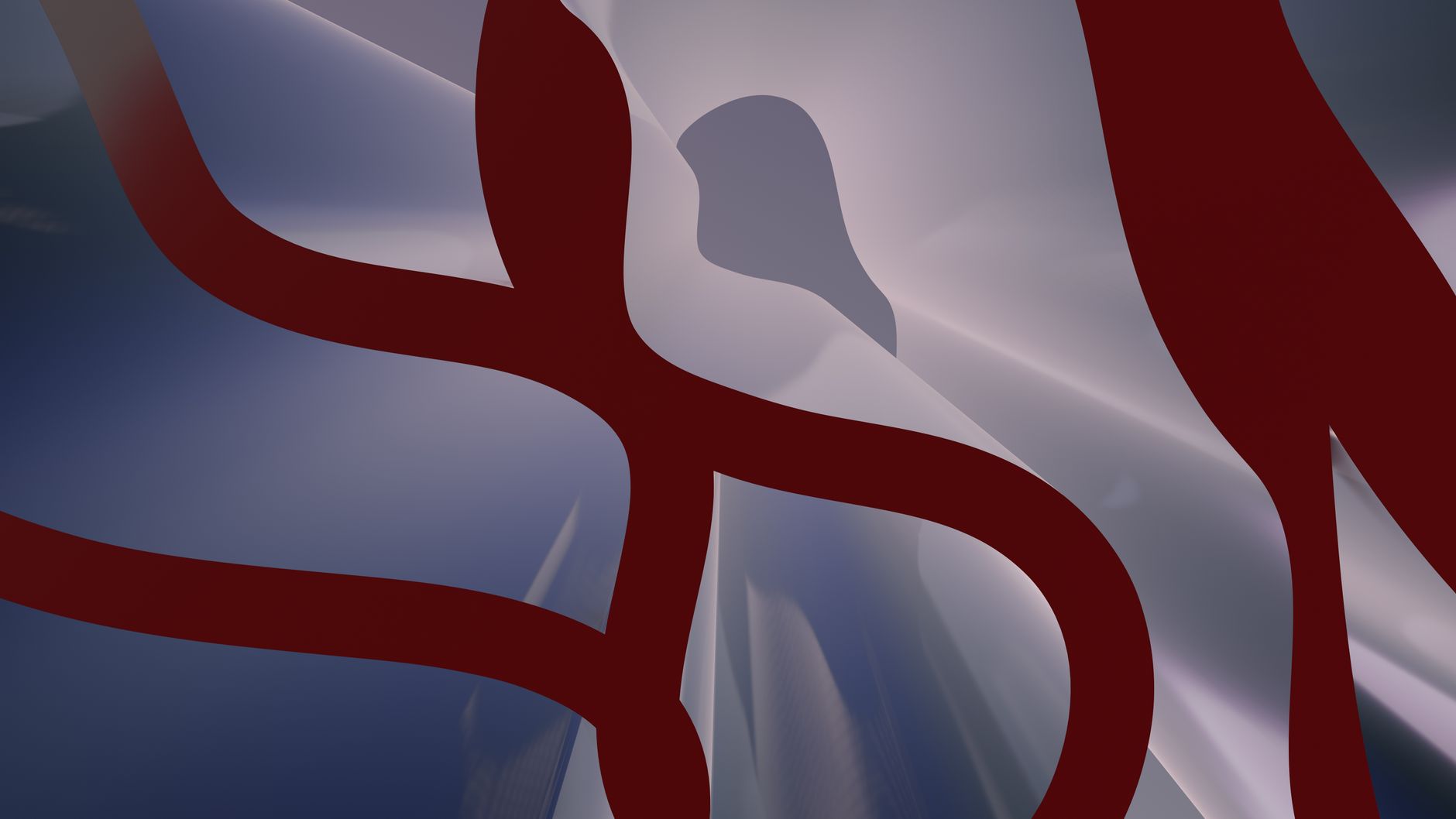 Modern abstract art featuring smooth red curves against a moody gray background.