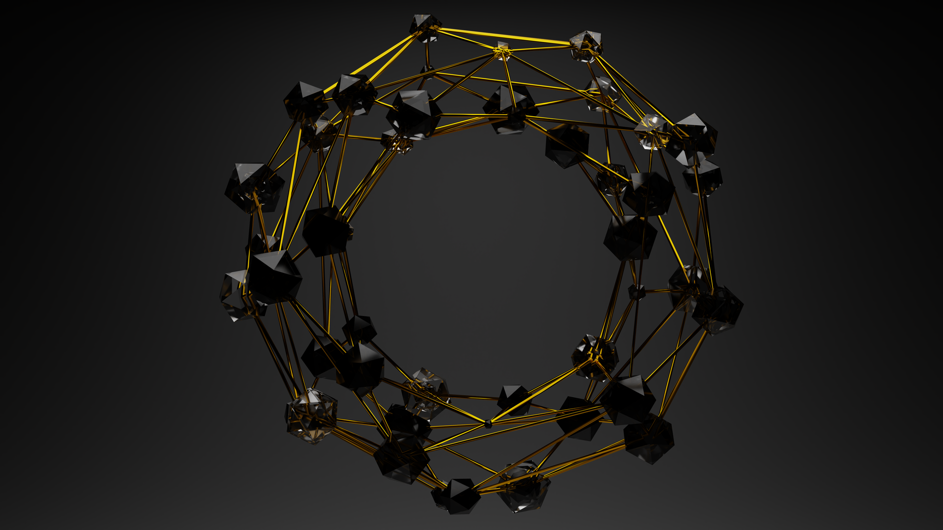 3D abstract geometric structure with gold lines and black polygons on a dark background.