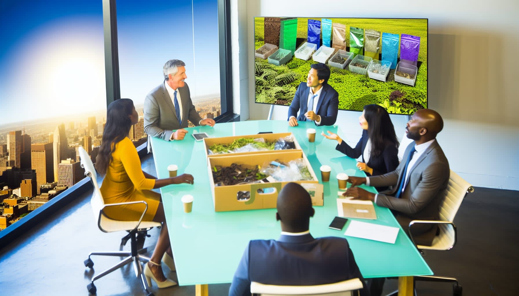 פגישה עסקית על אסטרטגיות אריזה אקולוגיות והשפעה חיובית על המותג