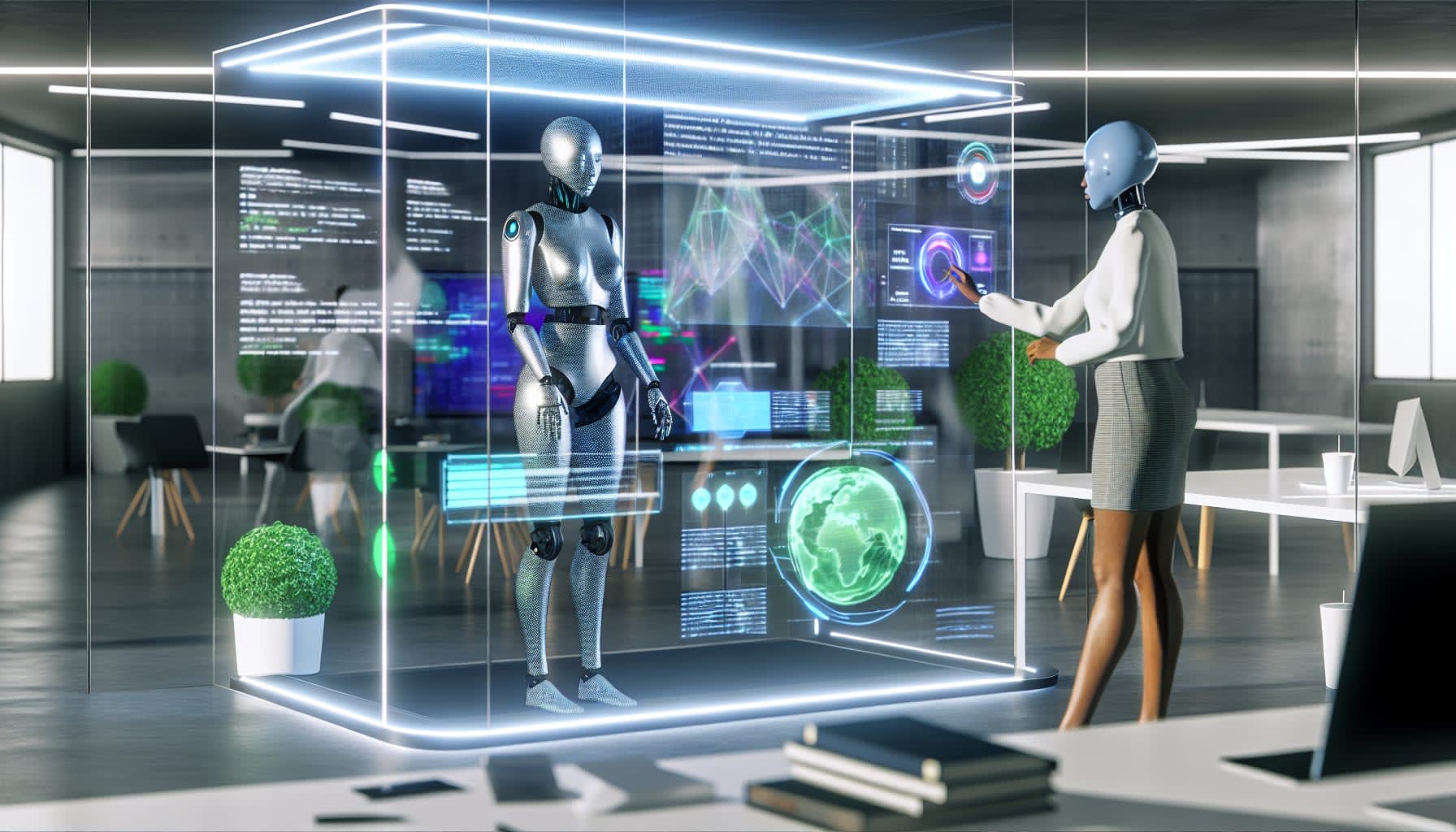 משרד מודרני עם רובוט ובני אדם עובדים על תוכן SEO באמצעות AI