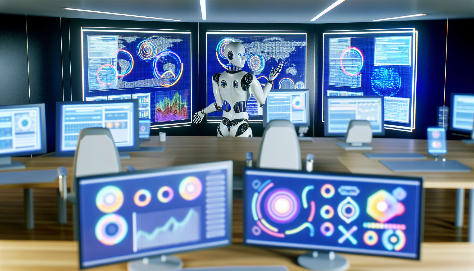 ניהול דירוגים בעזרת AI ואוטומציה, משרד עתידני עם רובוטים וטכנולוגיות מתקדמות