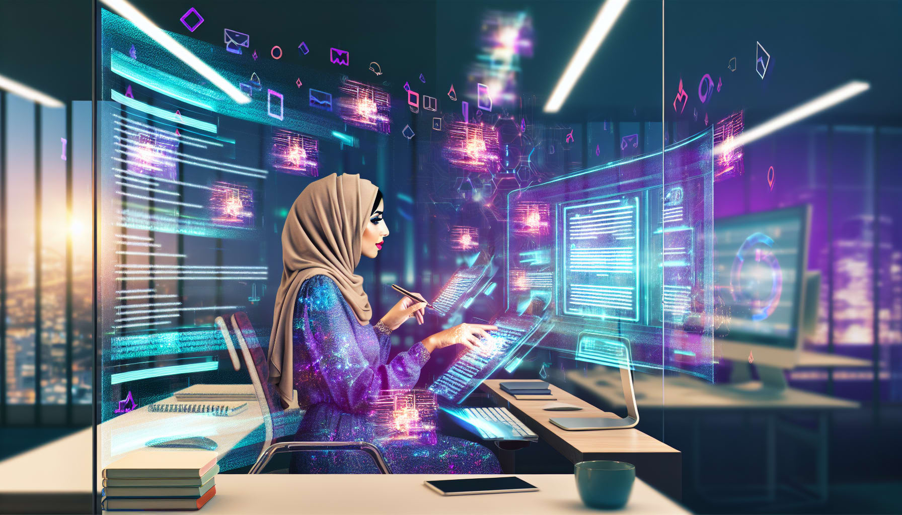 סביבת עבודה עתידנית עם כלי כתיבת תוכן AI מתקדמים לשיפור יעילות ומהירות