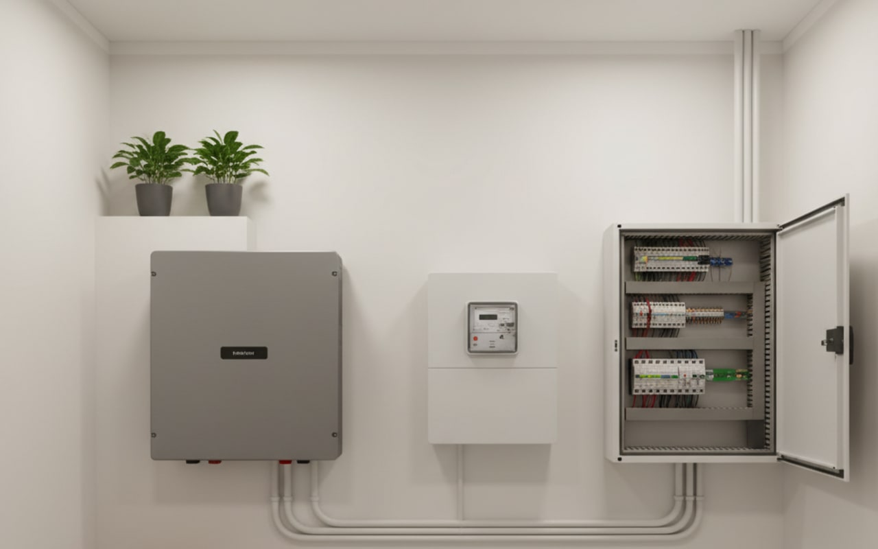 Hybrid-Wechselrichter wandmontiert in einem aufgeräumten Hauswirtschaftsraum, neutral ausgeleuchtet.