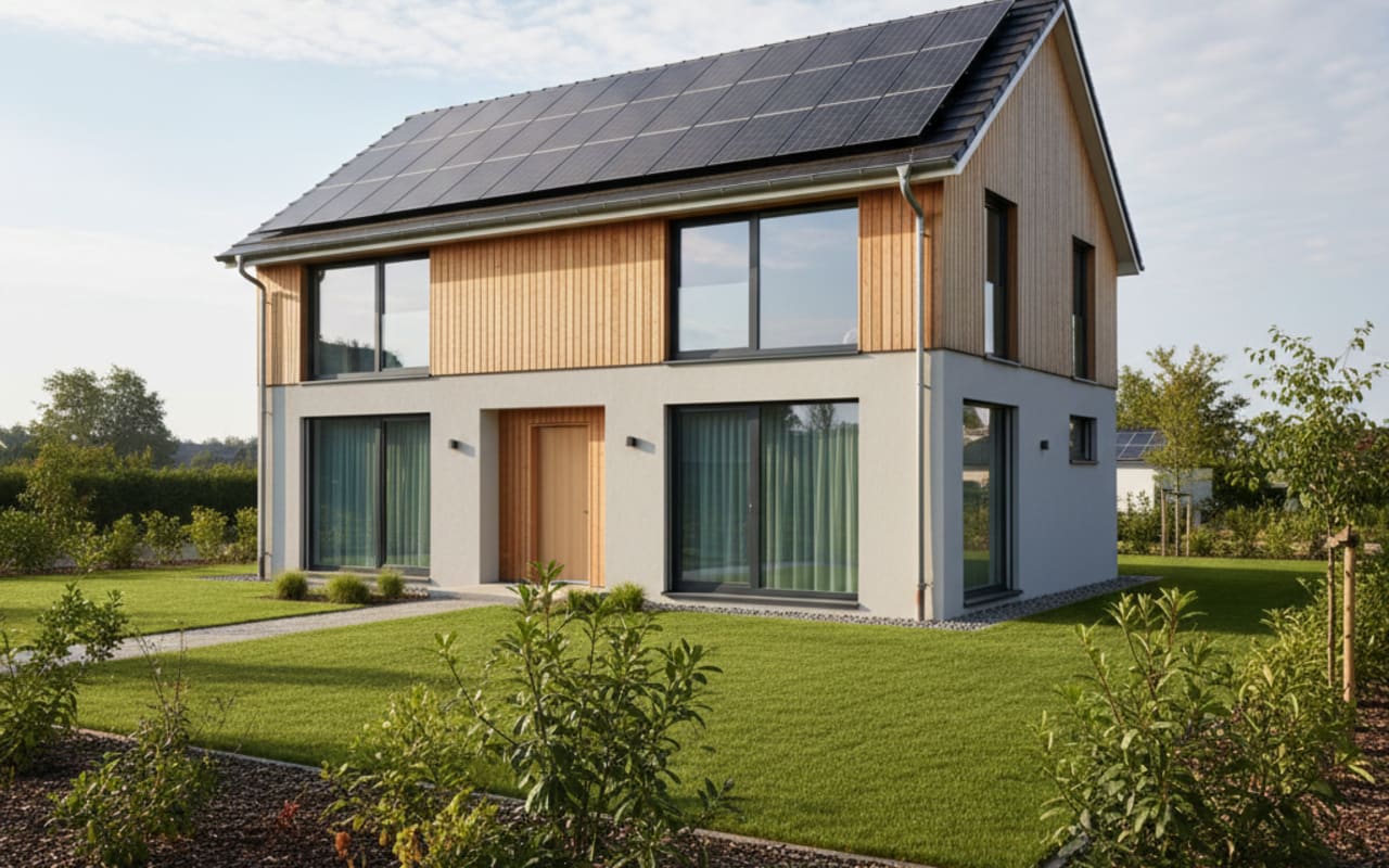 Modernes Einfamilienhaus mit klar sichtbarer PV-Anlage auf dem Satteldach, ruhiger Vormittagshimmel.