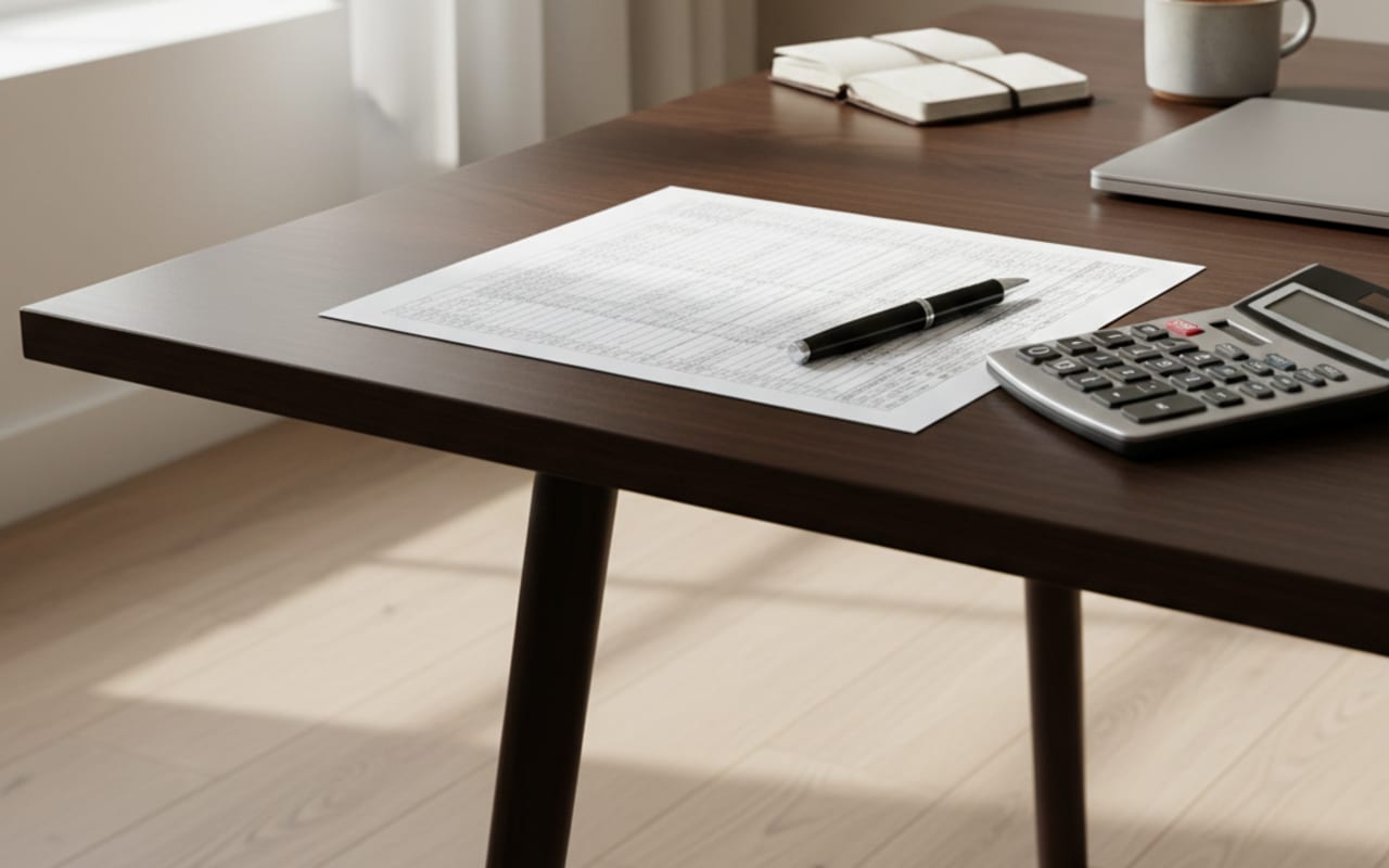 Aufgeräumter Schreibtisch mit Tabelle, Taschenrechner und Stift, ruhige Banking-Szene ohne Personen, Tageslicht.