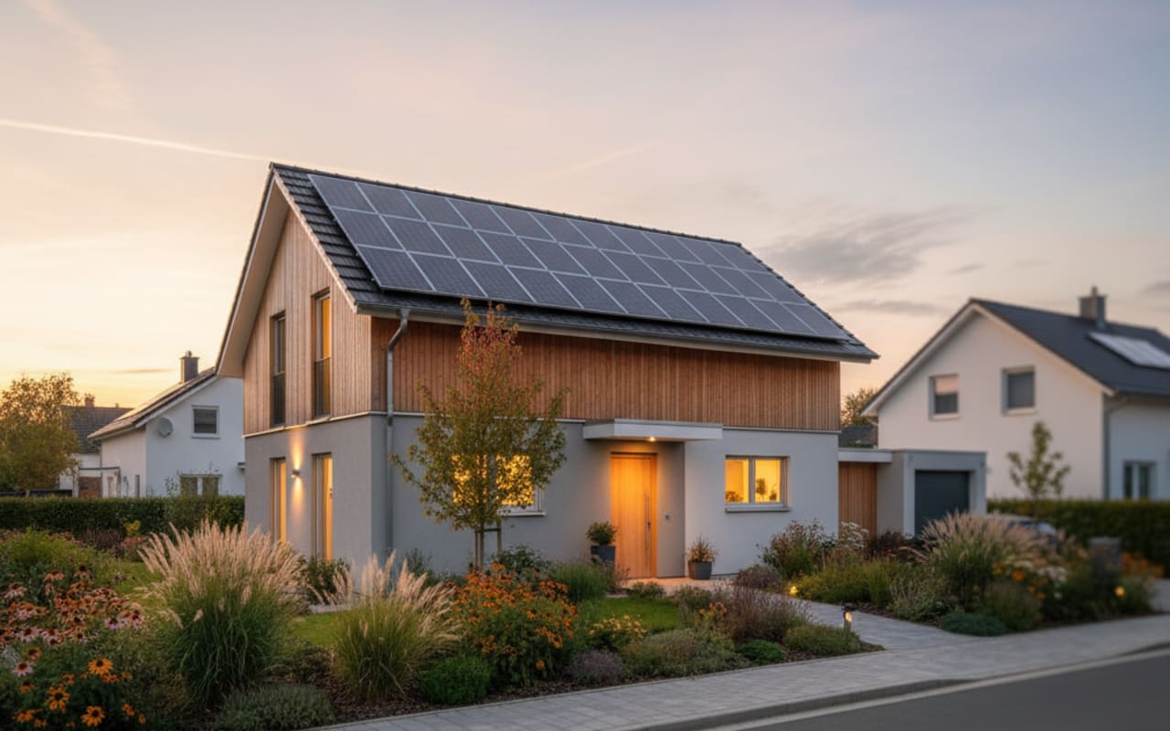 Einfamilienhaus mit PV-Anlage in der Abenddämmerung, ruhiger Vorgarten, Tageslicht-Reste am Himmel.