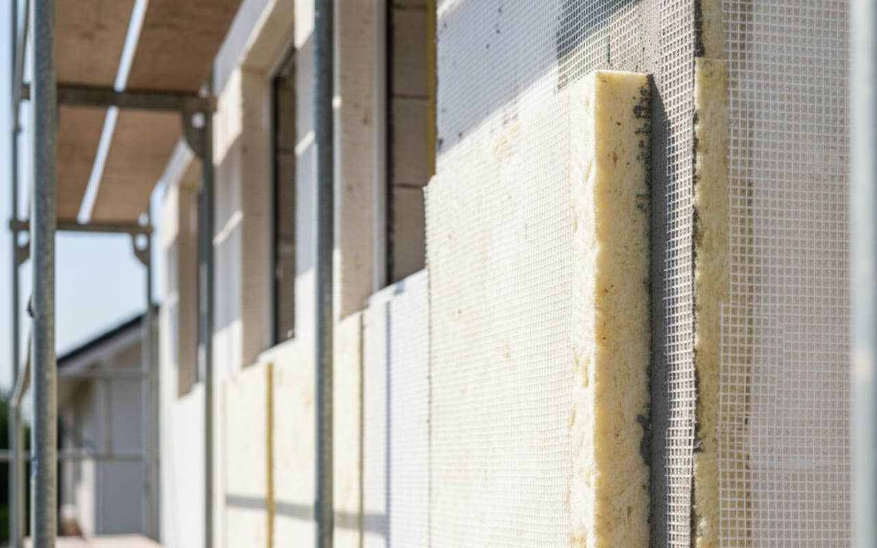 Detail-Aufnahme einer im Bau befindlichen WDVS-Fassade an einem Einfamilienhaus, sichtbare Mineralwoll-Dämmplatten mit Armierungsgewebe vor dem Verputzen, ruhige Architektur bei Tageslicht, keine Personen.
