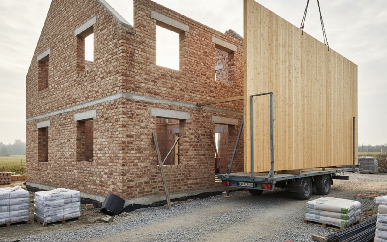 Rohbau eines mitteleuropäischen Einfamilienhauses, eine Hälfte in Ziegel-Mauerwerk, daneben angedeutet eine vorgefertigte Holztafel-Wand auf einem Tieflader, ruhige Bau-Architektur am Vormittag bei diffusem Tageslicht, keine Personen.