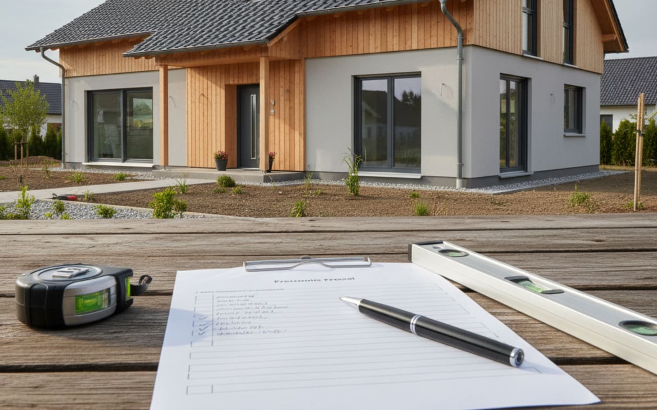 Frisch fertiggestelltes mitteleuropäisches Einfamilienhaus, im Vordergrund ein aufgeschlagenes Bauabnahme-Protokoll mit Mängel-Liste und Stift, Maßband und Wasserwaage daneben, ruhige Architektur am späten Vormittag bei diffusem Tageslicht, keine Personen.