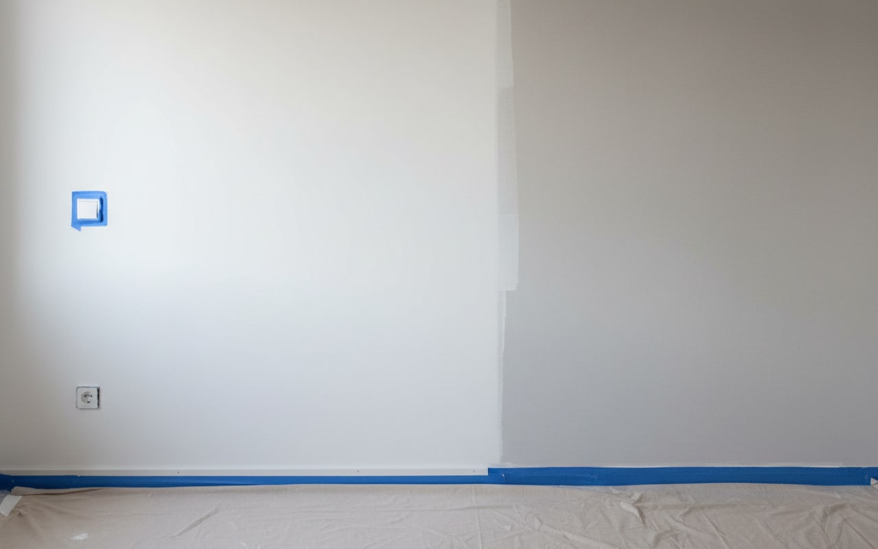 Innenraum eines mitteleuropäischen Einfamilienhauses, frisch verspachtelte und in Q3-Qualität geschliffene Wand, halb mit weißer Dispersions-Farbe in einer ersten Lage gestrichen, eine Maler-Roll-Bahn an der Wand sichtbar, sauber abgeklebte Sockelleisten und Lichtschalter, ruhige Architektur am Vormittag bei diffusem Streiflicht durch ein angrenzendes Fenster, keine Personen, keine Werkzeuge, neutrale Farbtemperatur.