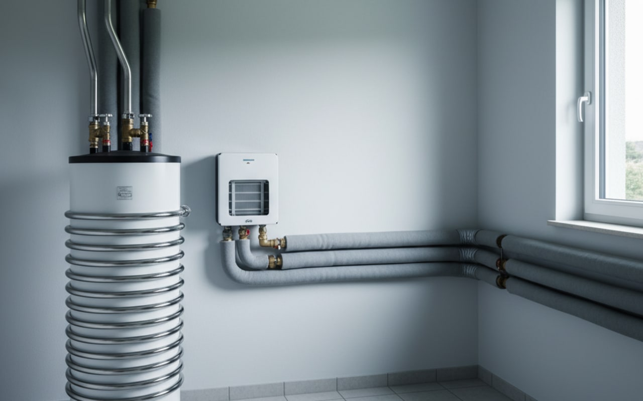 Aufgeräumter Heizraum eines mitteleuropäischen Einfamilienhauses, hoch aufragender Trinkwarmwasser-Speicher mit Edelstahl-Wendel und Anschluss-Verrohrung links, daneben kompakte Frischwasser-Station an der Wand mit Plattenwärmetauscher, sauber gedämmte Vorlauf- und Rücklauf-Leitungen sowie Zirkulations-Strang sichtbar, ruhiges neutrales Tageslicht durch ein angrenzendes Fenster, keine Personen, keine Werkzeuge, keine Markennamen lesbar.