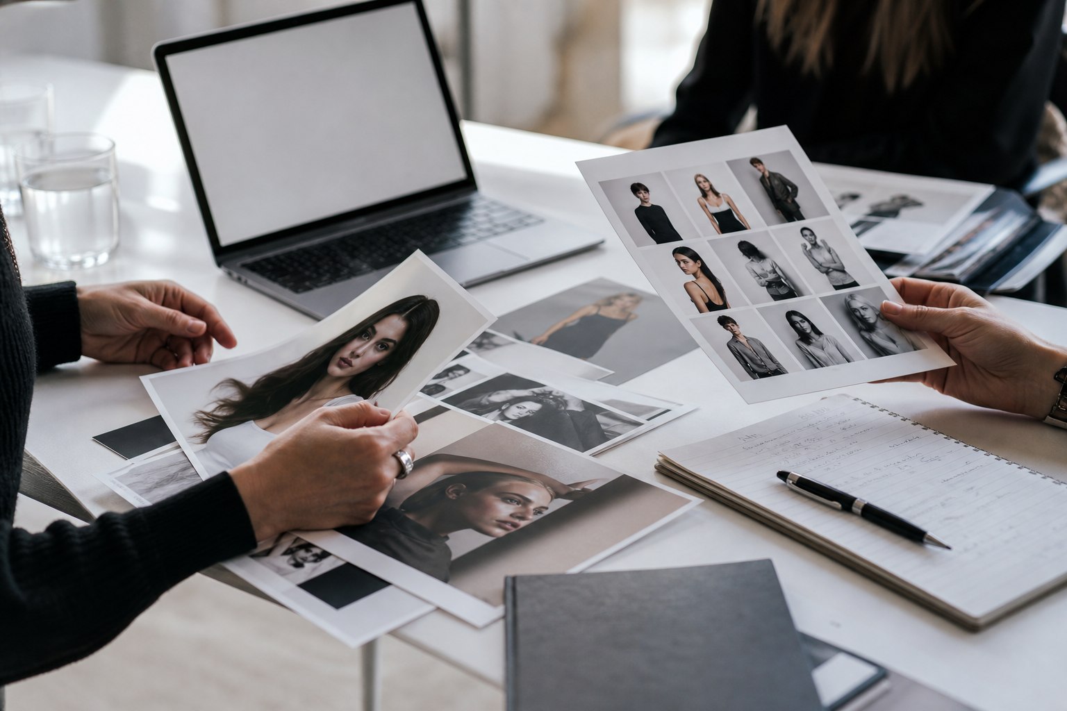 Portfolio materials reviewed on a casting studio table