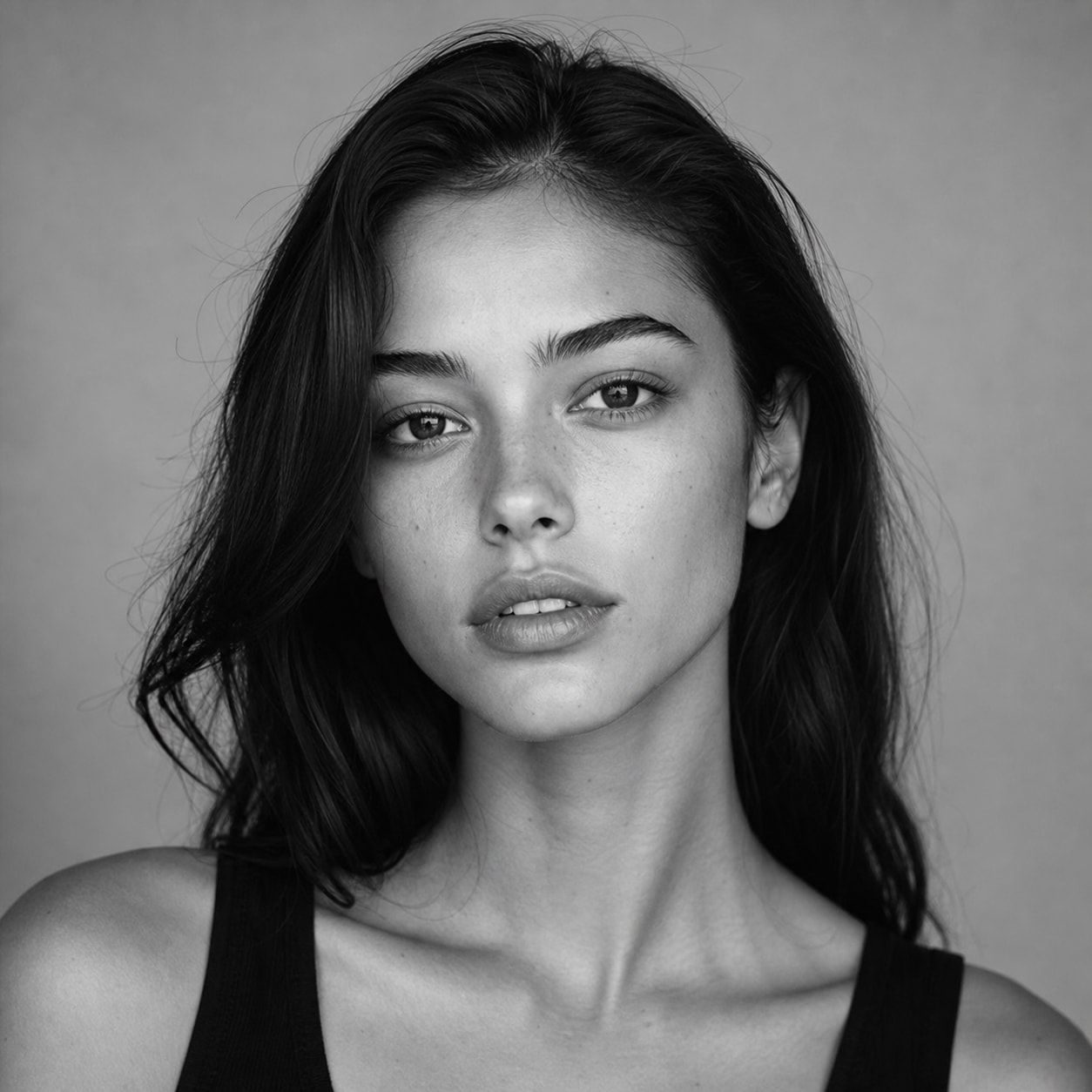 Black and white casting headshot of a female rising talent