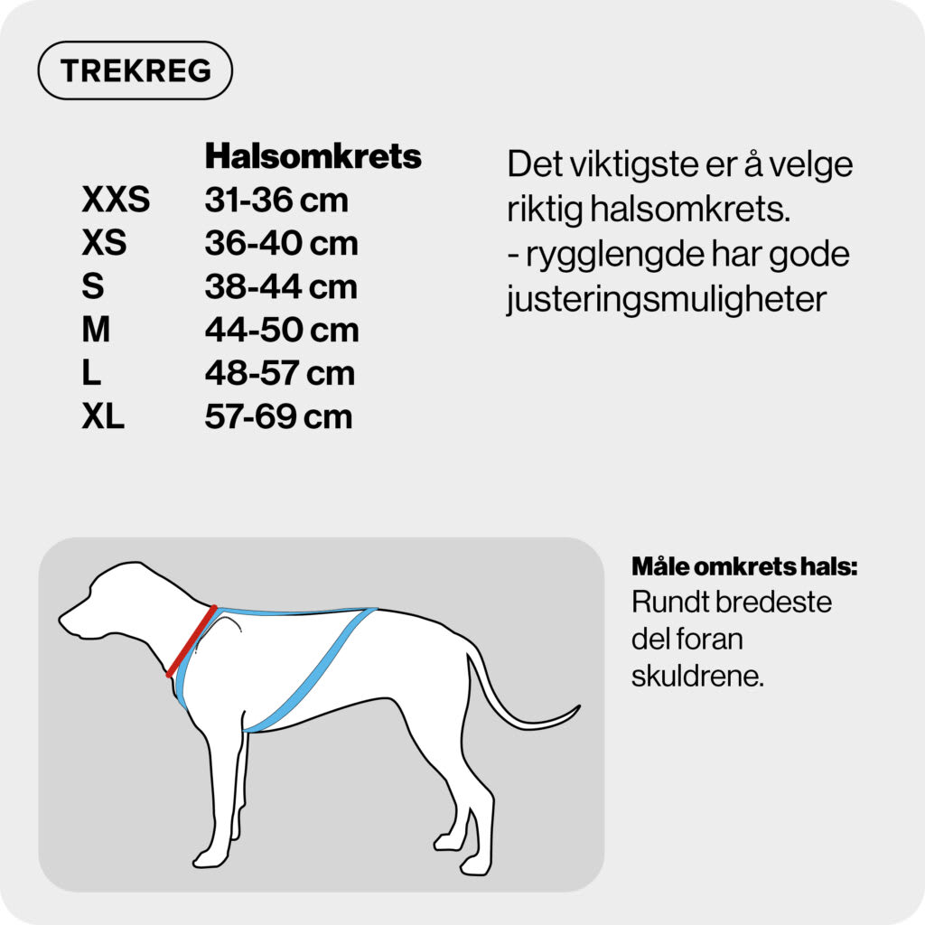 Størrelsestabell Seleverkstedet Trekreg trekksele til hund