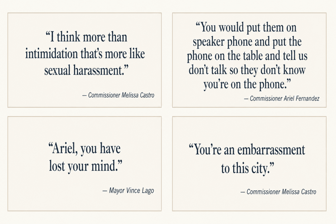 A four-panel quote graphic from the May 19 Coral Gables commission meeting