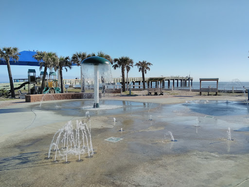 Water jets and shade structures at Splash Park at the Pier in St. Augustine Beach