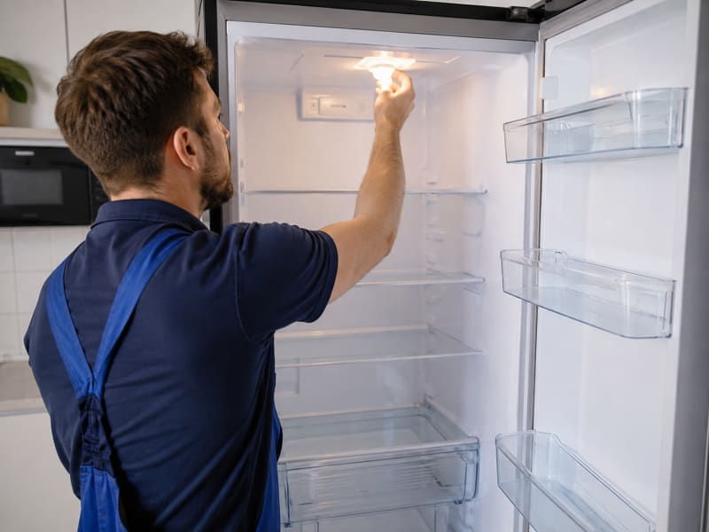 Nevera mostrando sensor de puerta y componentes internos