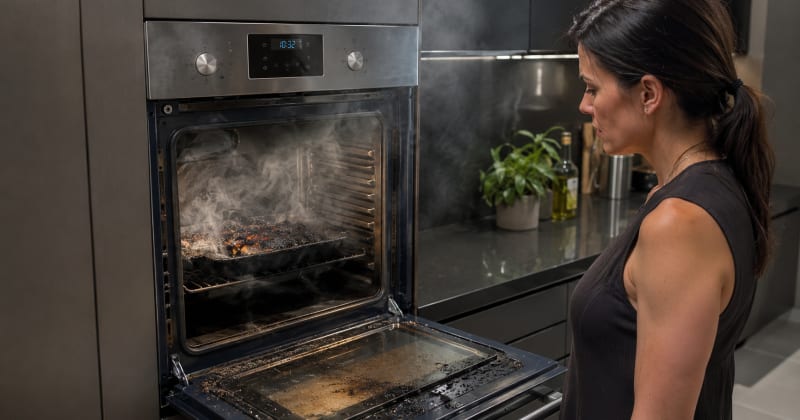 Ventilador de convección del horno con acumulación de grasa en las aspas