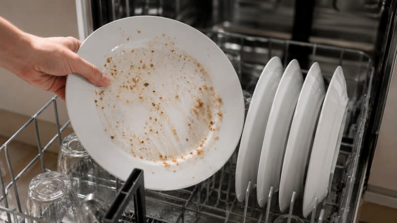 Plato con restos de comida tras un lavado en el lavavajillas