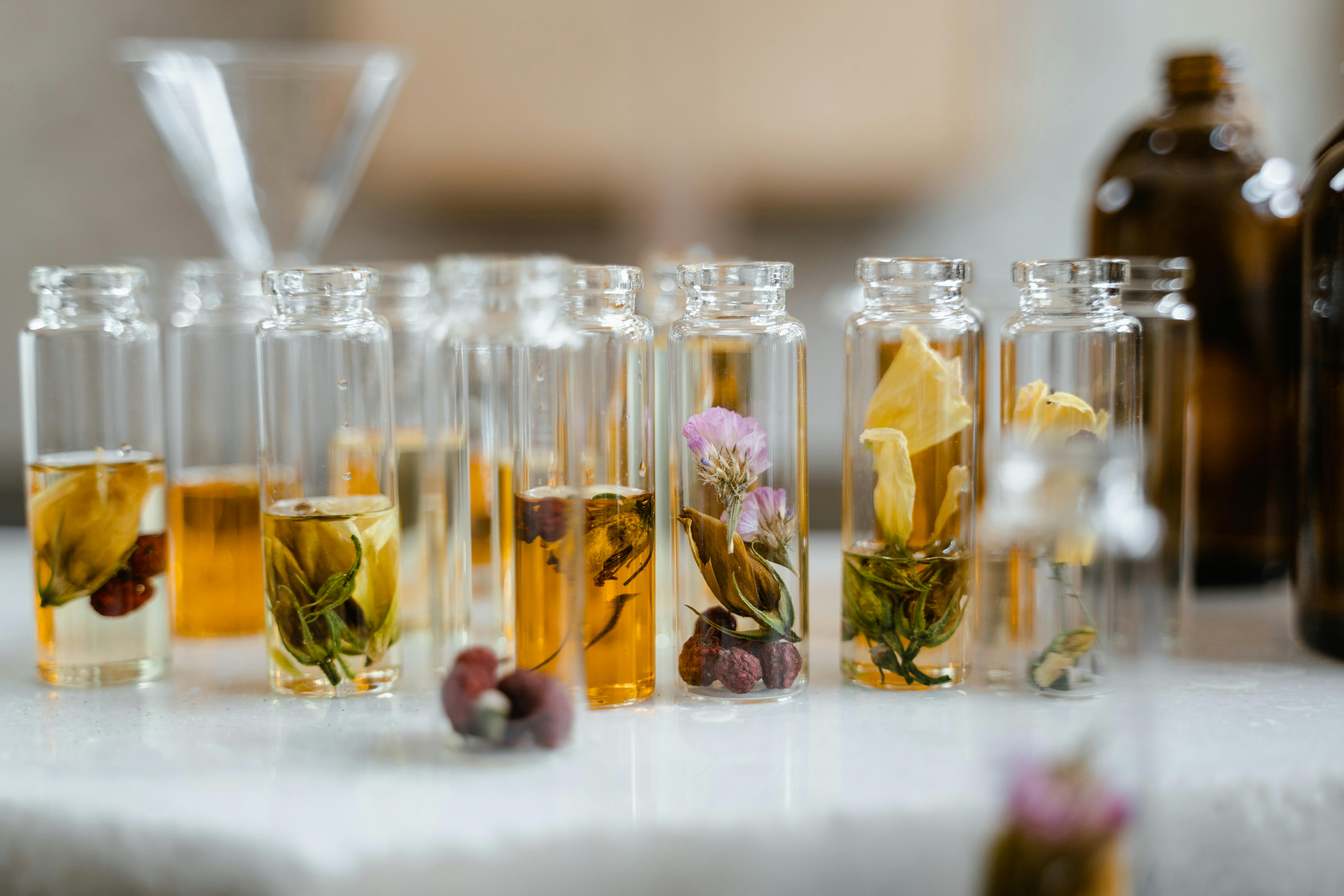 Raw fragrance botanical ingredients layered