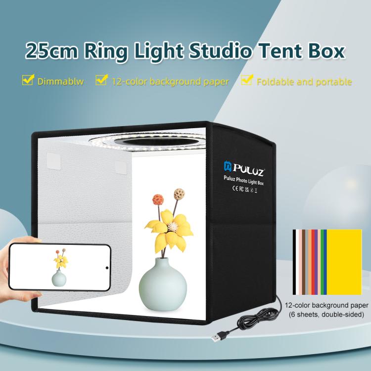 Puluz 25cm Foldable LED Ring Light Studio Box
