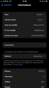 iPhone 8+ 256Go, excellent état, dernière version