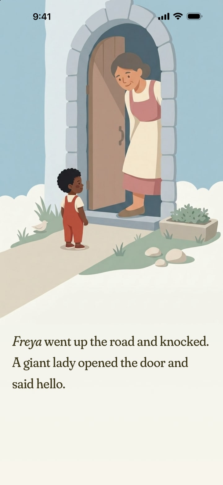 The giant's wife opening her door, drawn across the whole screen