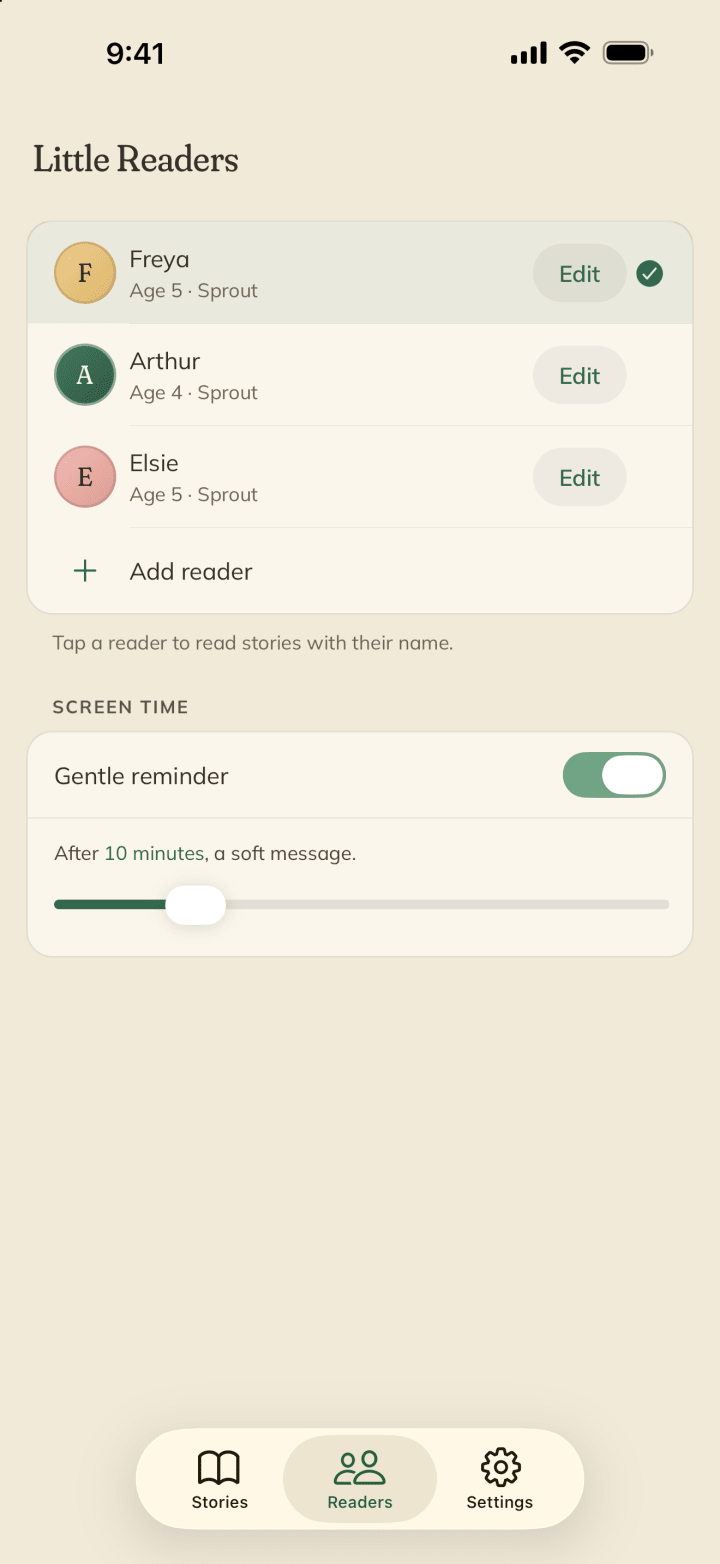 The list of readers on an account, with a quiet card suggesting a stretch