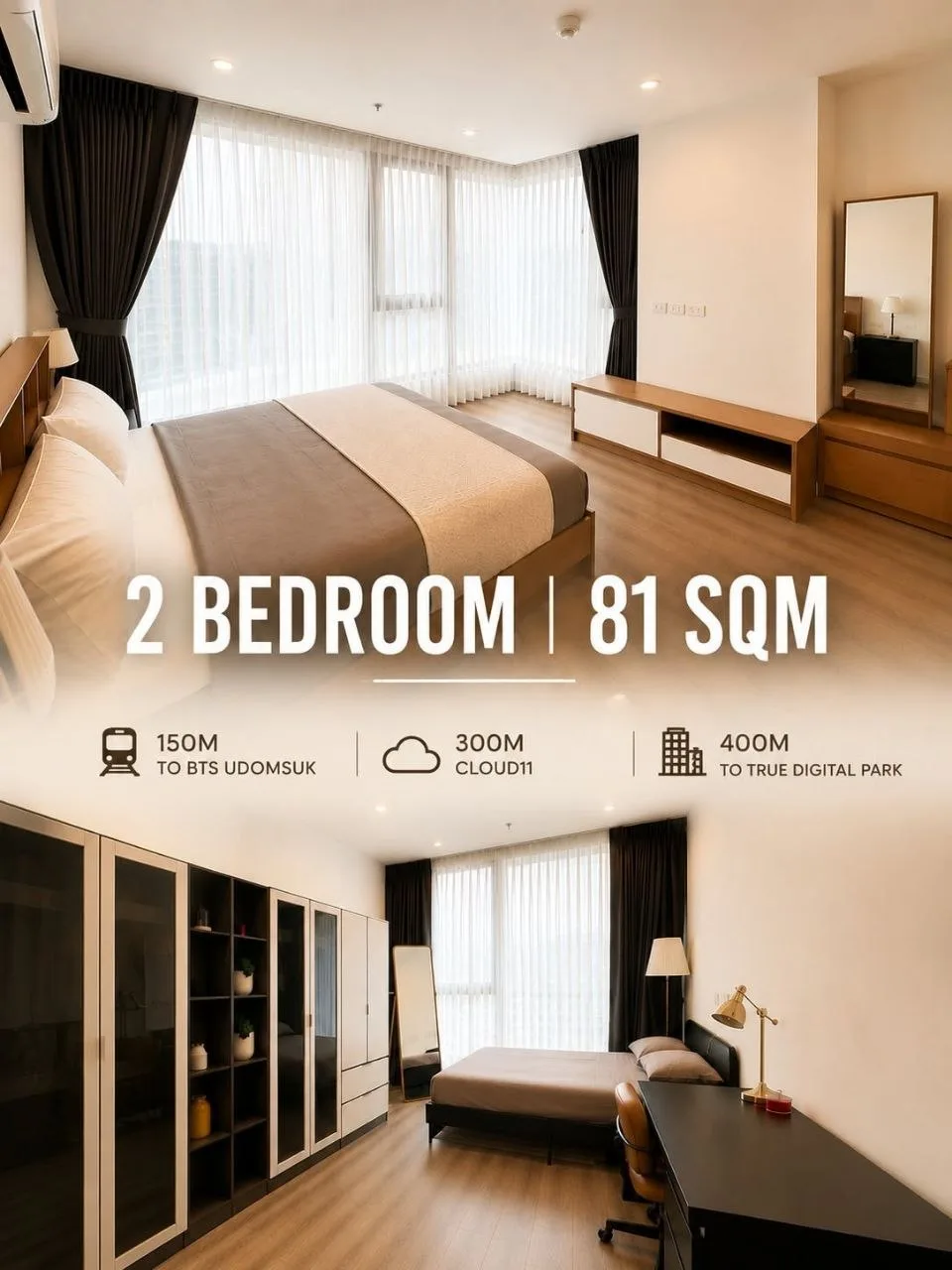 2 bedroom condo for rent in Bang Na Bangkok - master bedroom interior