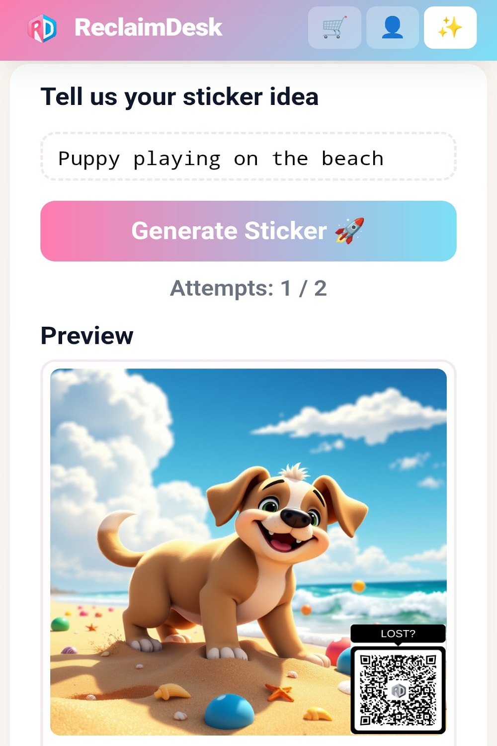 Generate page showing prompt and sticker results