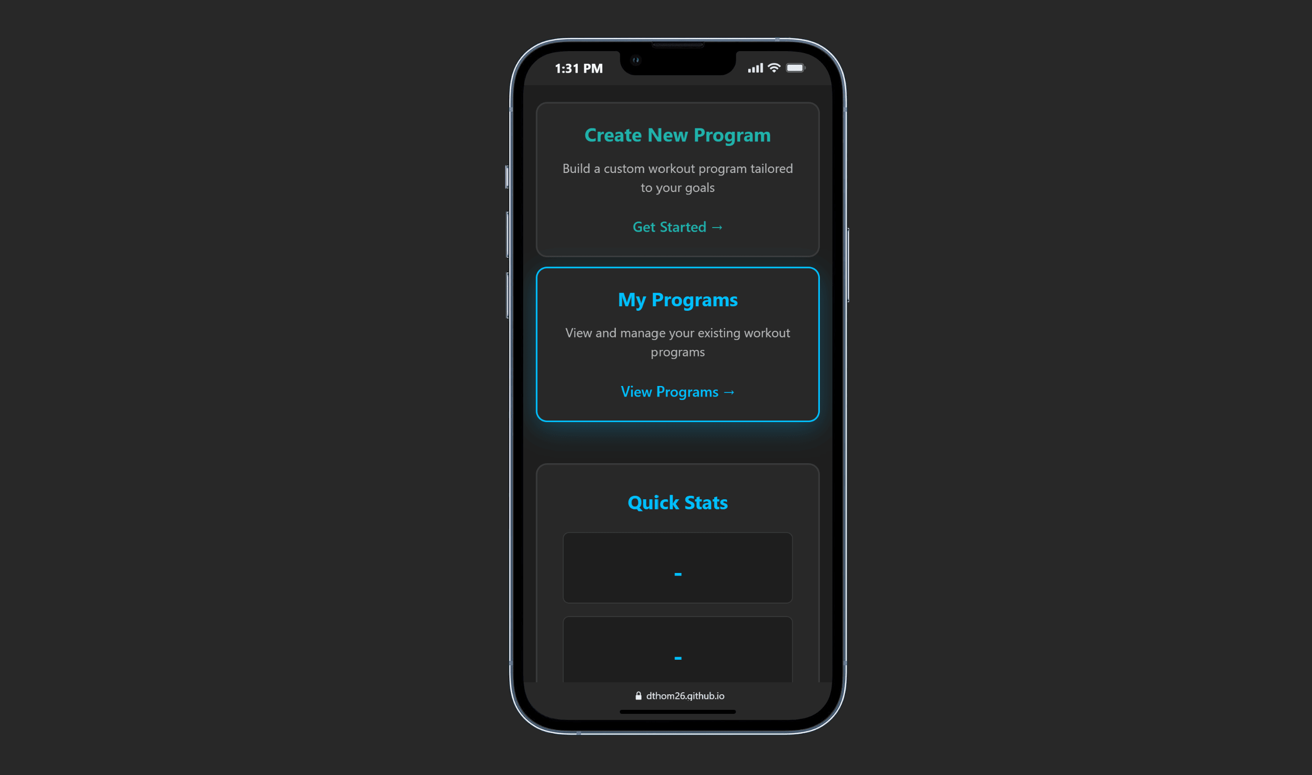Workout log Application: Main dashboard screenshot