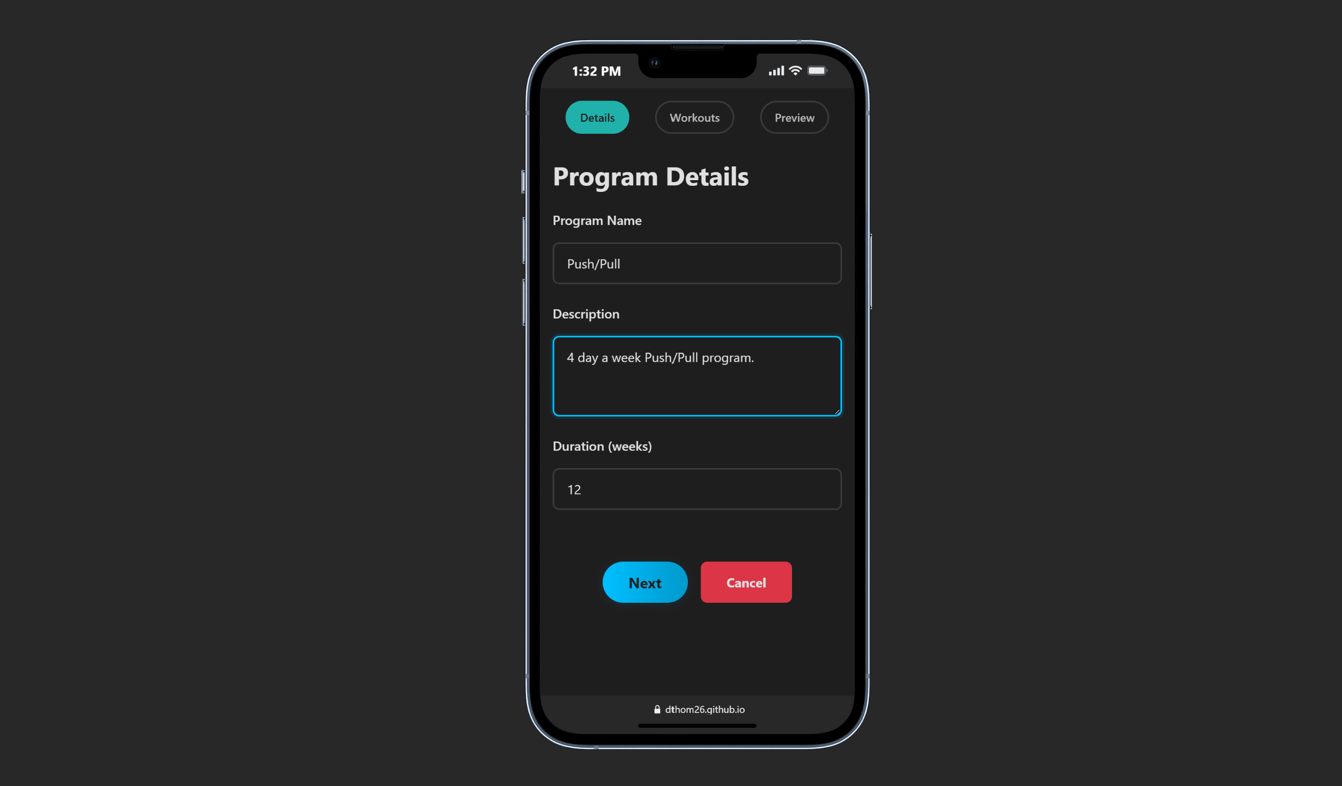 Workout log Application: Program builder screenshot step 1