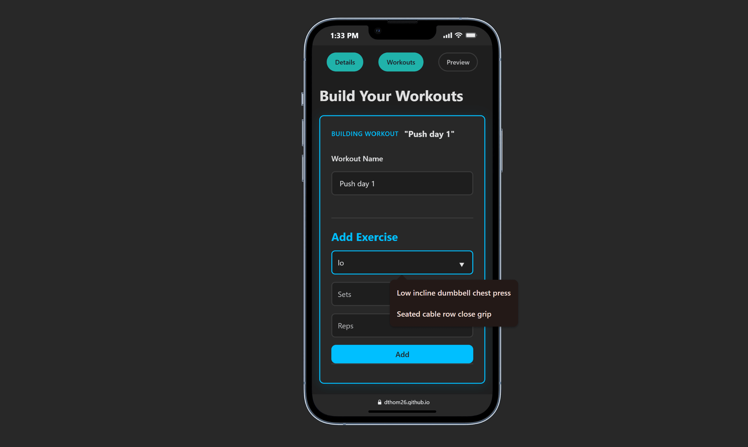 Workout log Application: Program builder screenshot (exercise selection)