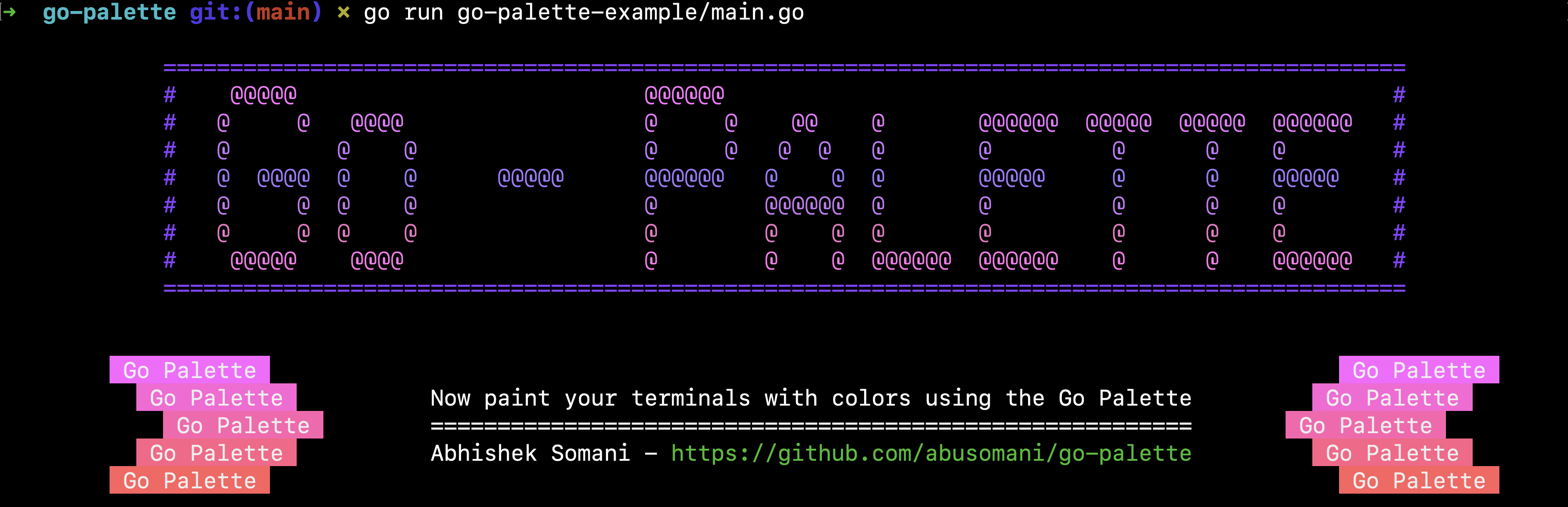 Output of running the example written using Go-palette