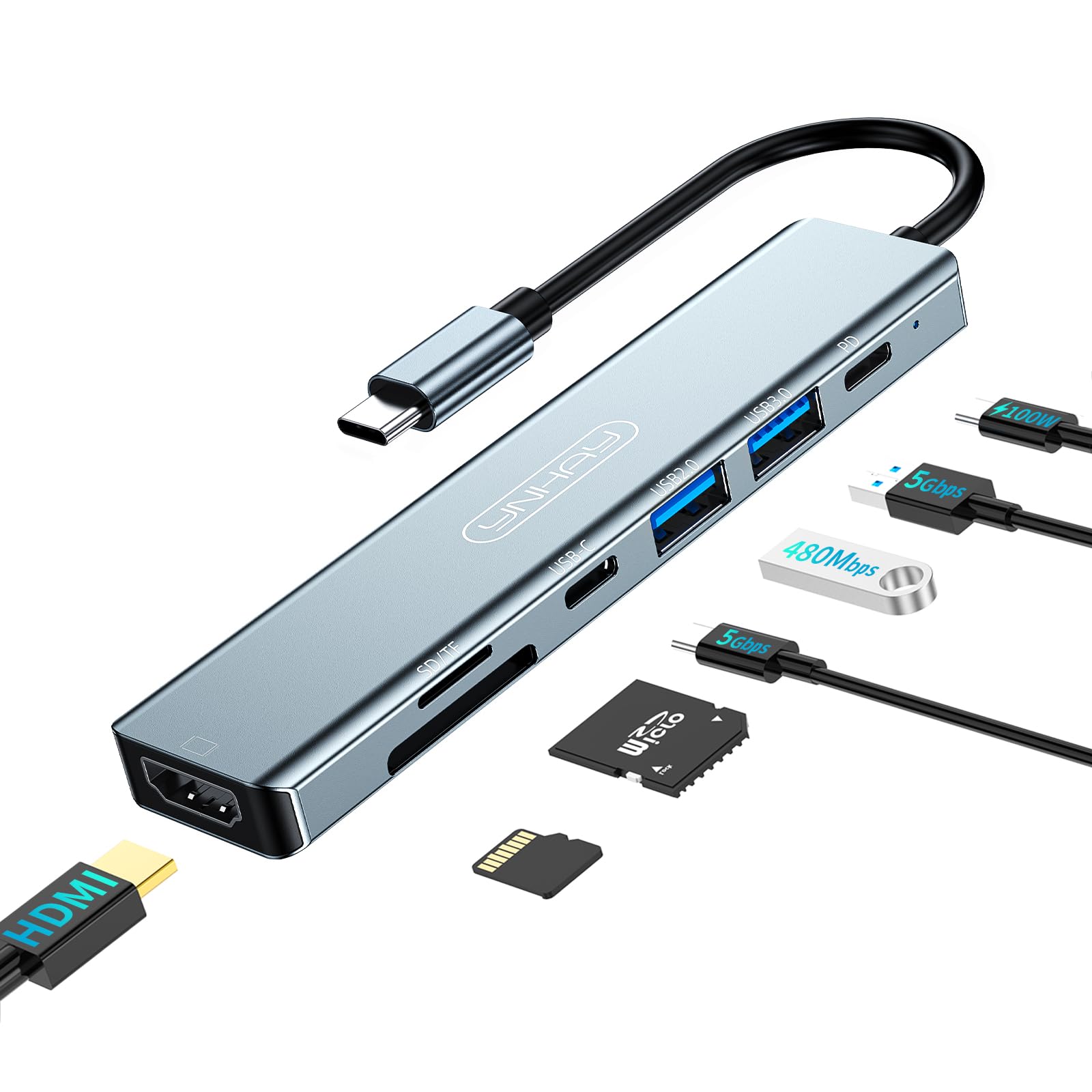 7 in 1 USB 3.0 Hub Dual Input USB Type C Splitter Multi Port USB Adapter With PD Charging for Laptop PC Phone