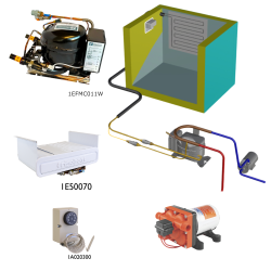 Frigomatic Milano 12 Volt pump water cooled refrigeration kit, 200H Series H Box Evaporator - max volume fridge to 280 Litres Freezer 80 Litres, Fridge/Freezer full range mechanical thermostat