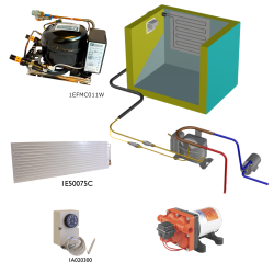 Frigomatic Milano 12 Volt pump water cooled refrigeration kit, 200F Series F Plate evaporator - max volume Fridge 300 Litres Freezer 120 Litres, Fridge/Freezer full range mechanical thermostat