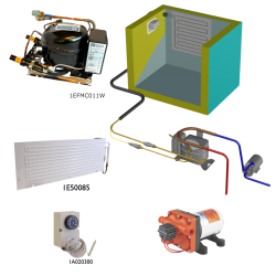 Frigomatic Milano 12 Volt pump water cooled refrigeration kit, 130F Series F Plate evaporator - max volume Fridge 160 Litres Freezer 60 Litres, Fridge/Freezer full range mechanical thermostat
