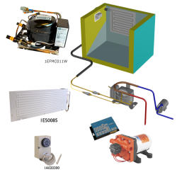 Frigomatic Milano 24 Volt pump water cooled refrigeration kit, 130F Series F Plate evaporator - max volume Fridge 160 Litres Freezer 60 Litres, Fridge/Freezer full range mechanical thermostat