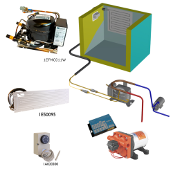 Frigomatic Milano 24 Volt pump water cooled refrigeration kit, 160F Series F Plate evaporator - max volume Fridge 180 Litres Freezer 70 Litres, Fridge/Freezer full range mechanical thermostat