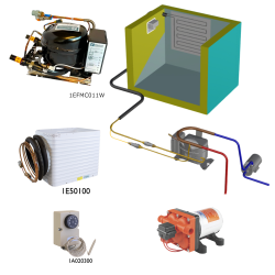 Frigomatic Milano 12 Volt pump water cooled refrigeration kit, 200B Series B Box Evaporator - max volume fridge to 220 Litres Freezer 80 Litres, Fridge/Freezer full range mechanical thermostat